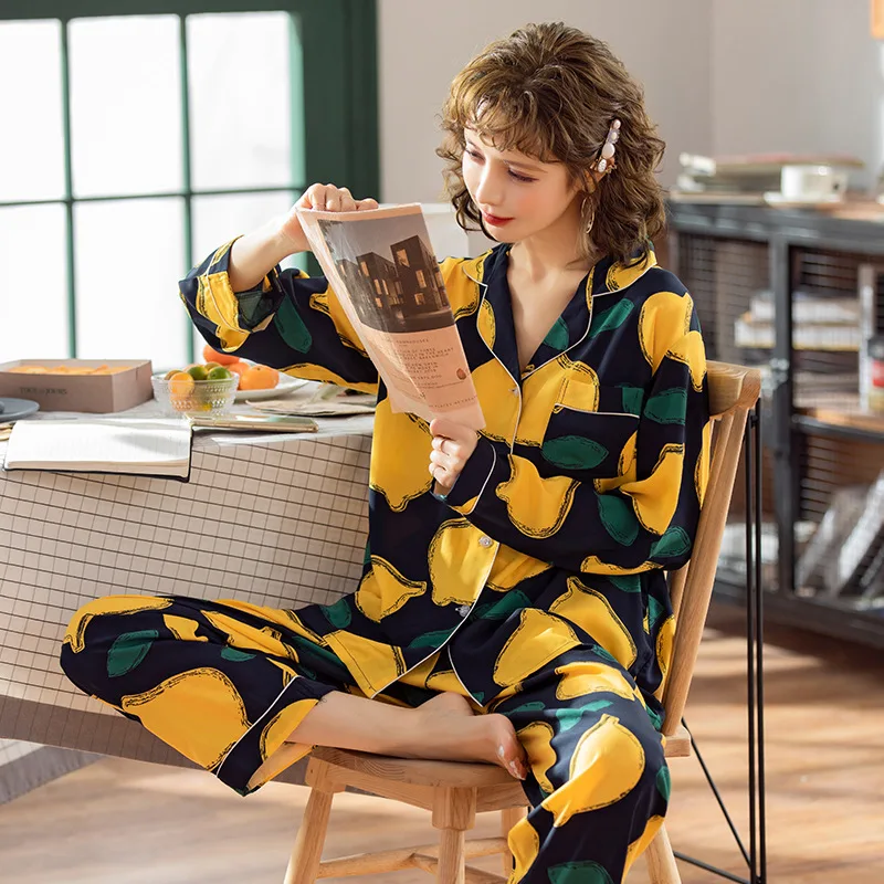 

Floral Print Long Sleeve Pajamas For Women Cotton Silk Comfortable Thin Sleepwear 2021 Summer Trend Fashion Ladies Home Clothes