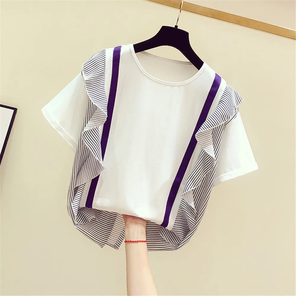 

Woman Summer Elegant OL T-Shirt Color Block Ruffles Short Sleeve Hot Office Shirts O Neck Patchwork Tees Tops Girl Shirt Top