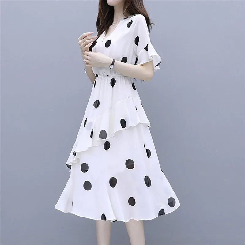 Plus Size Dress Women Fashion Summer V-Neck Knee Length Short Sleeve Wave Point Elegant Temperament Vestidos Mujer | Женская одежда