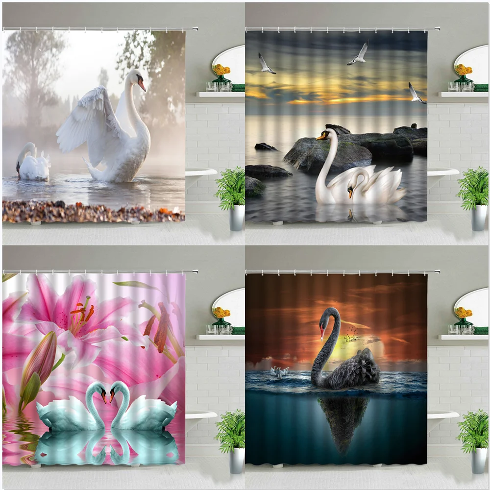 

Animal Swan Flower Ocean Scenery Print Shower Curtain Set Bathroom Decor Chic Curtains Waterproof Fabric With Hooks Bath Screen