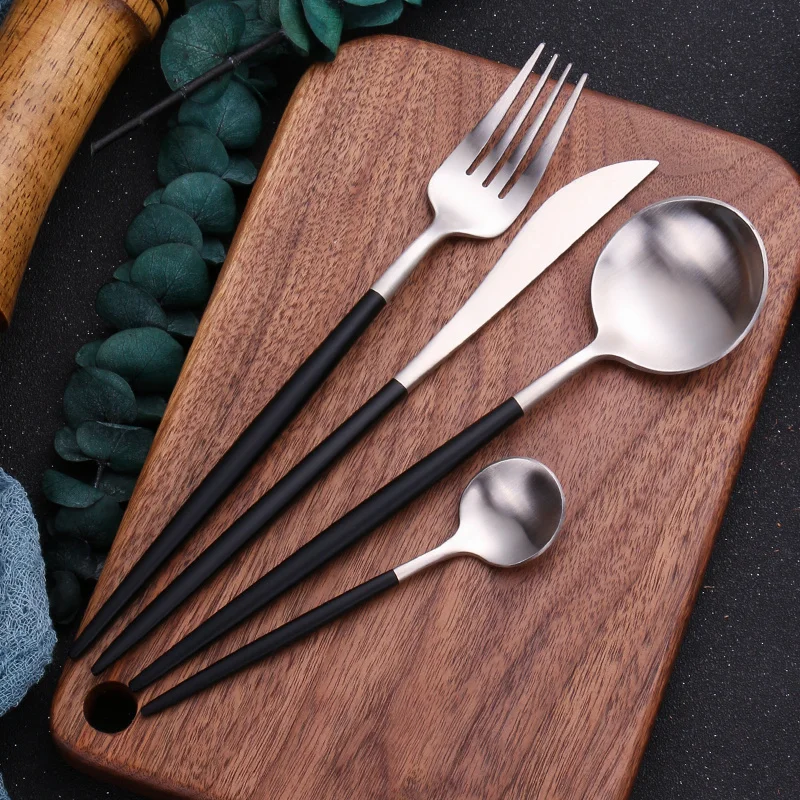 

Black Silver Matte Dinnerware Sets Stainless Steel Cutlery Set Dinner 16Pcs Knife Fork Spoon Kitchen Set Tableware Cutlery Set