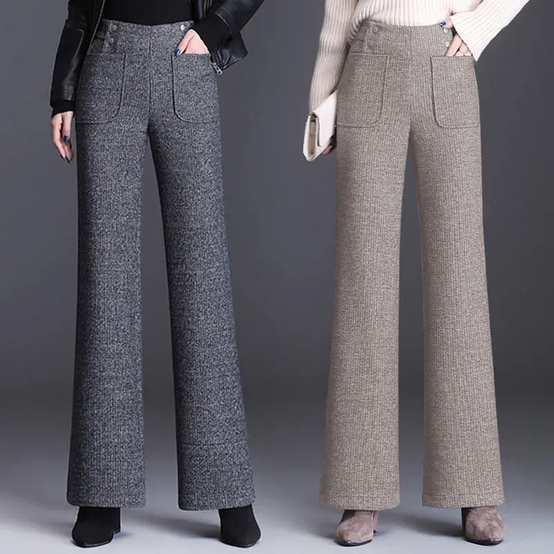 

Женские широкие брюки с поясом на резинке, повседневные толстые прямые длинные брюки в винтажном стиле с высокой талией, весна-осень 2021