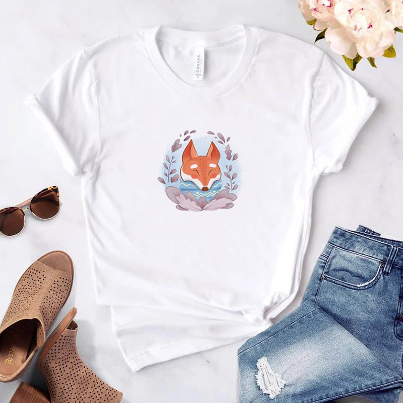 

Fox T-shirts Woman Crop Top With Sleeves Women-clothing Short Anime Tshirt Summer Sleeve Women's Tees Tops Clothes for Female