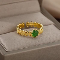 retro green opal rings for women stainless steel vintage gold color ring korean wedding band aesthetic jewelry couple anillos