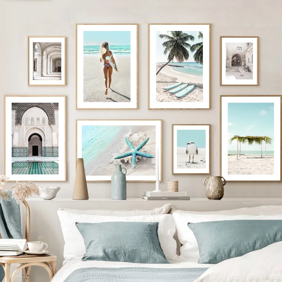 

Wall Art Print Canvas Painting Beach Surfer Girl Starfish Sandpiper Morocco Facade Nordic Poster Decor Pictures For Living Room