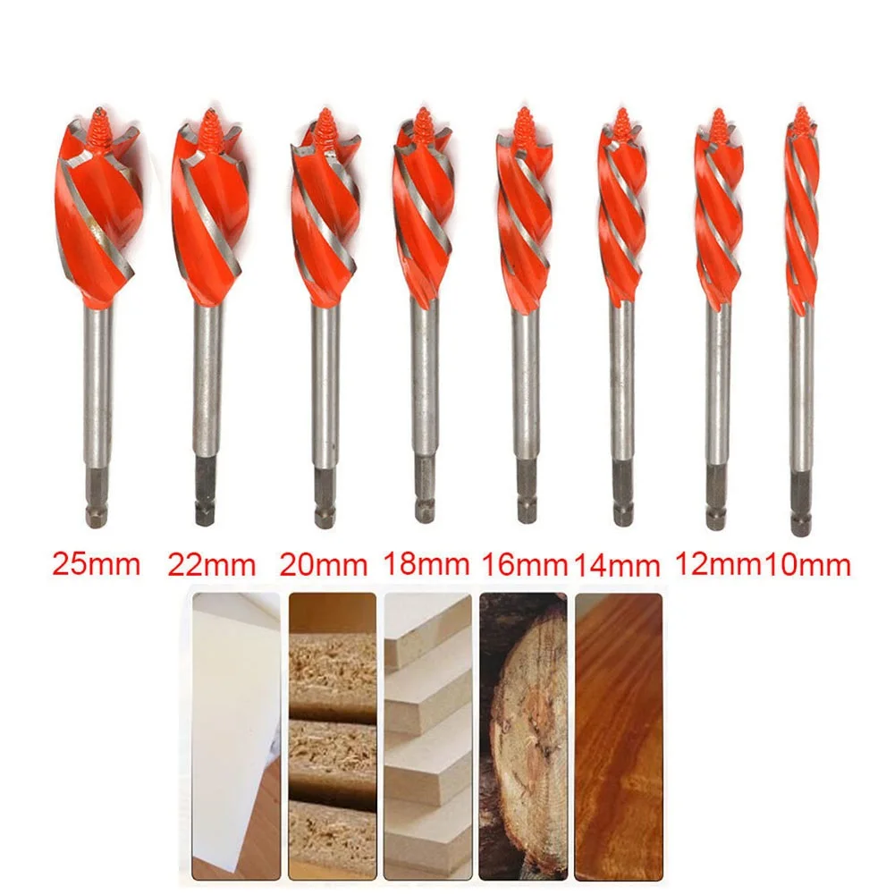

Metal Alloy Woodworking Four Slot Blade Punching Hole Drill Bits 1/4" Hex Shank 10-25mm Woodworking Accessories