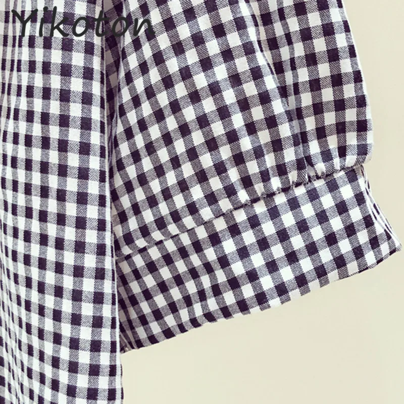 

Women Doll Collar Plaid Chiffon Kawaii Blouses and Shirts Summer 2021 New Korean Fashion Soft Black Cute Tops Casual Ladies Chic
