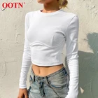 Однотонная женская футболка OOTN в рубчик с круглым вырезом, облегающая футболка в стиле High Street, кроп-топ с длинным рукавом, женские футболки на осень 2020, Топ