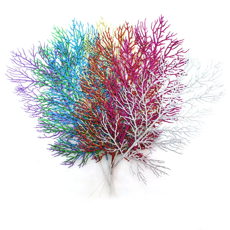 Christmas Tree Decoration Flower Grass Leaf Hollow Flash Grass Fake Flower Home Party Happy New Year Decoration Gold Silver 40cm