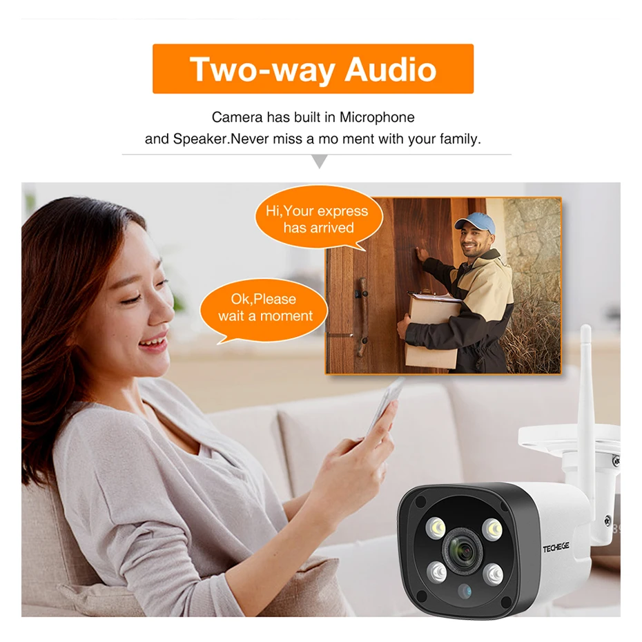 Techege, супер HD, 5MP, h.265, WiFi, проводная ip-камера, AI камера, обнаружение человека, двухстороннее аудио, водонепроницаемая ip-камера, бесплатный адаптер питания
