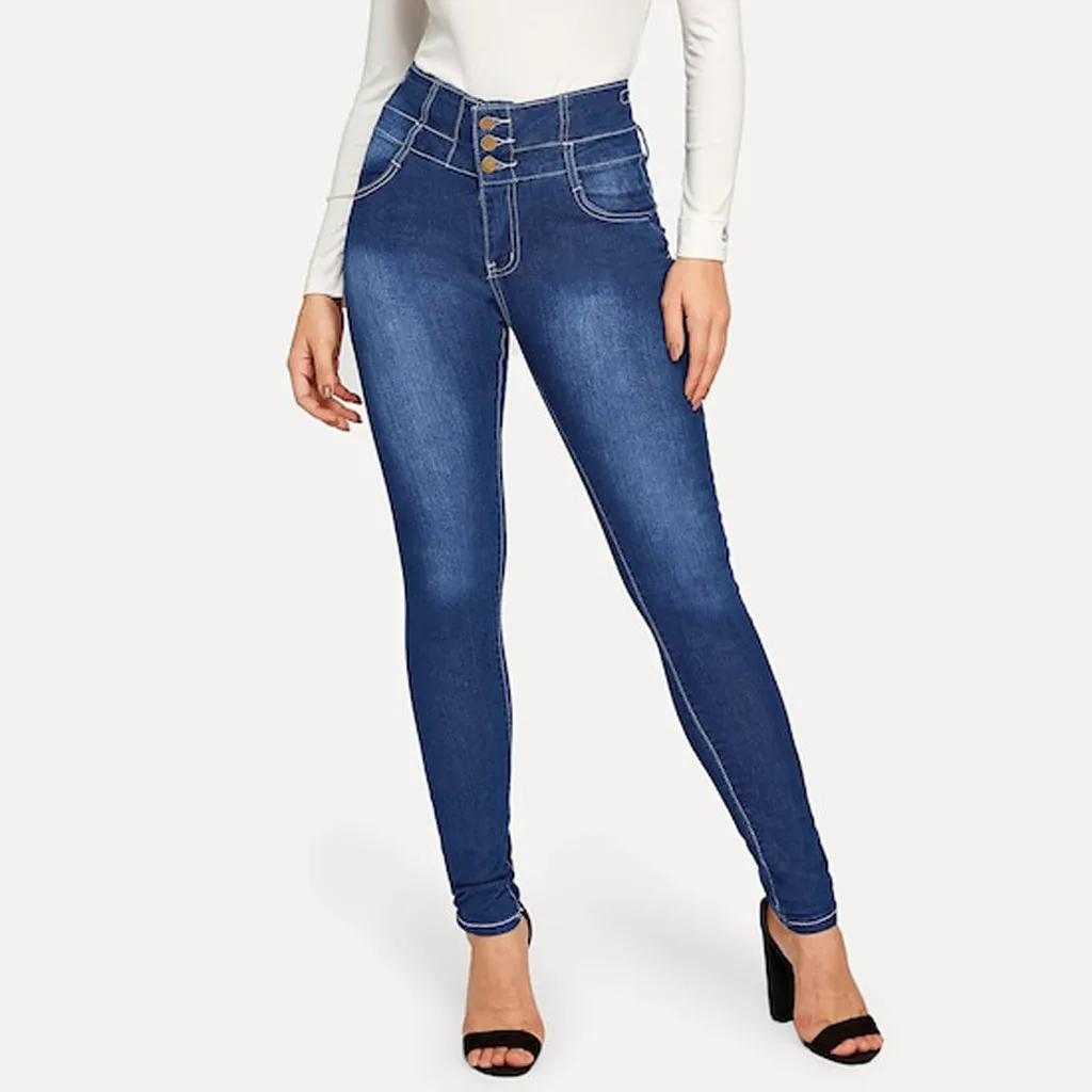 Women Autumn Elastic Button Jeans Female Pant Slim Stretch Jeans Blue Ladies Small Feet Cropped Pencil Pant#BL20