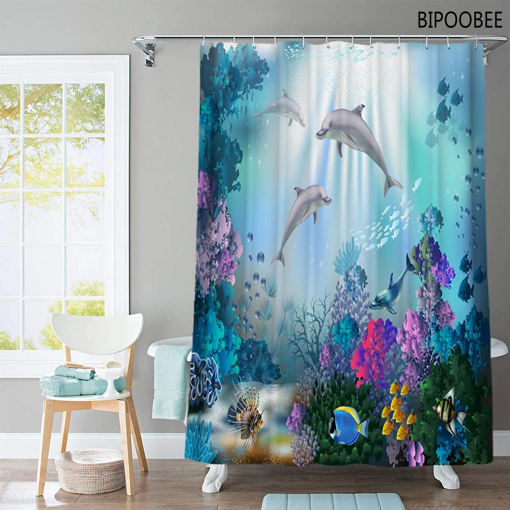 Занавеска для душа из полиэстера водостойкая с изображением океана Дельфина