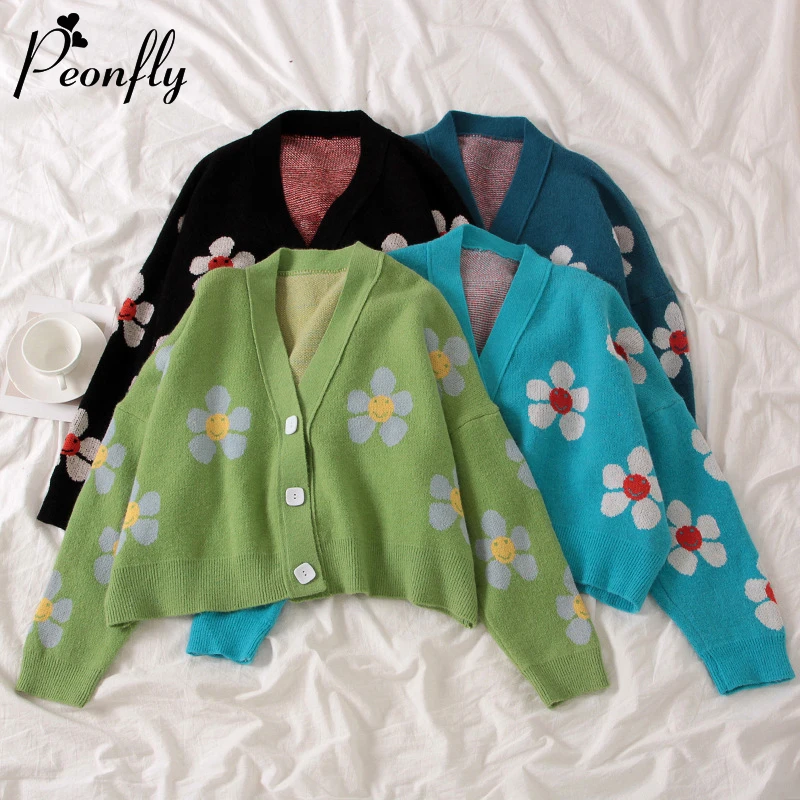 

Женский вязаный кардиган в стиле преппи PEONFLY, повседневный свободный свитер с V-образным вырезом и цветочным принтом, элегантное Короткое си...