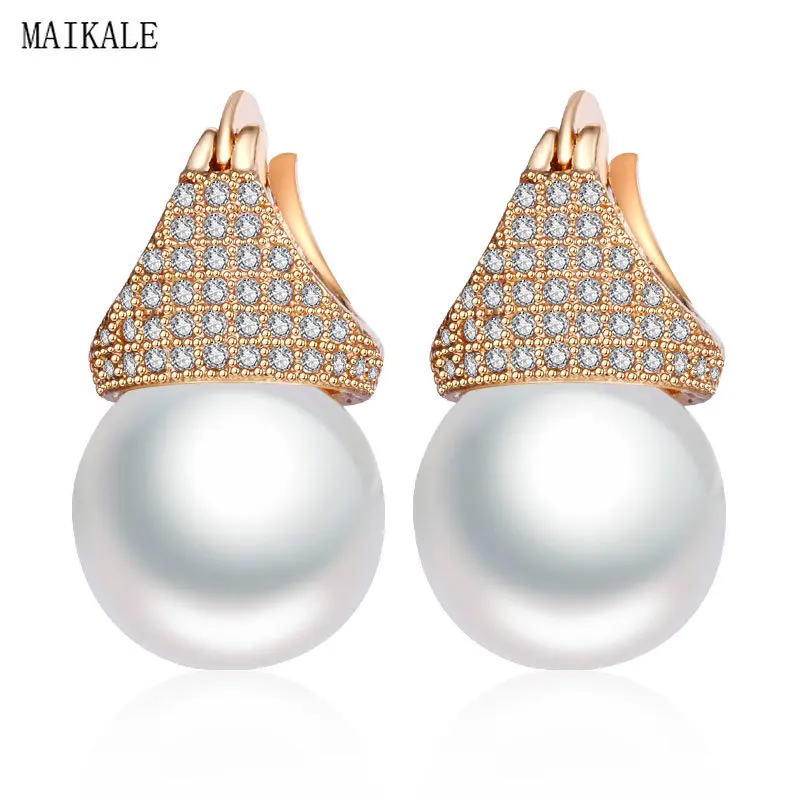 Женские серьги с пресноводным жемчугом MAIKALE большие гвоздики золотого и