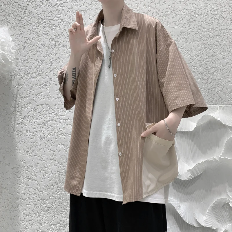 

Рубашка мужская полосатая с коротким рукавом, повседневная свободная, с большими карманами, одежда для отпуска, лето 2021