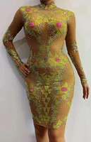 yellow rhinestone party special occasion see through birthday celebrate prom mesh clothes evening women dancer show mini dress
