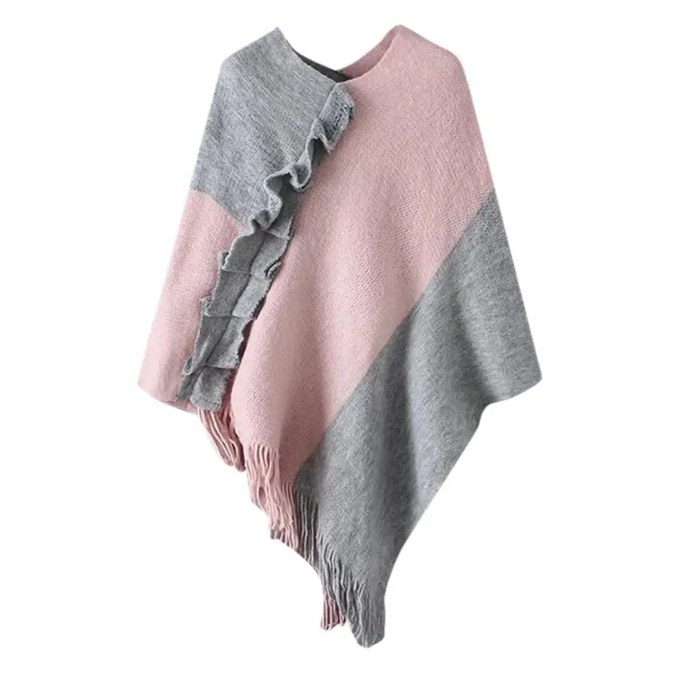 Зимний плащ Для женщин вязаный пэчворк Накидки с отложным воротником рюшами