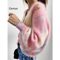 pink butterfly bronzing tie dye sweater jacket gentle pink gradient v neck long sleeved knitted mohair wool cardigan women