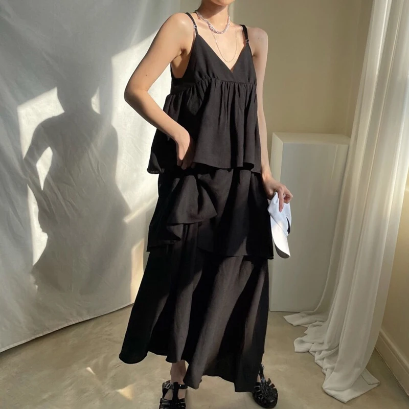 

Сексуальное летнее длинное платье на бретелях женское платье без рукавов, с v-образной горловиной, свободного покроя, сплошной Цвет повседн...