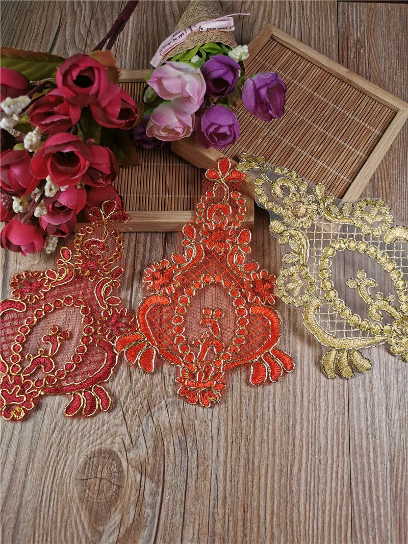 

10Pcs Gold Red Burgundy Colour Gold Cord Outline Venise Lace Appliques Embroider Patch Wedding Dress Lace Decoration DIY 15X9cm