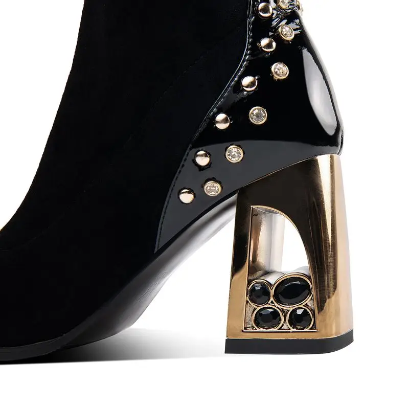 

ALLBITEFO large size:34-42 genuine leather+elastic force thick heels party women boots brand high heels ankle boots for women