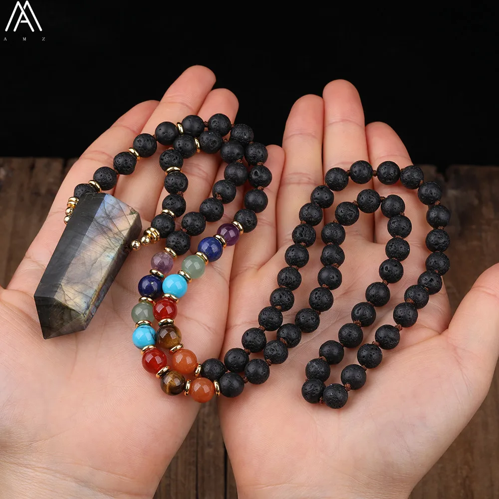 Natural Labradorite Stone Point Pendant 8mm Black Lava Stone Crystal 108 Prayer Beads Handmade Knot Necklace Women Yoga Jewelry