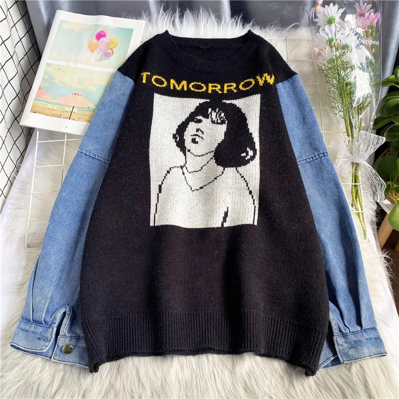 

EBAIHUI Women Sweater O-Neck Print Pullover Patchwork Denim Long Sleeve Top Fake Two-piece Knit Korean Fashion Straight Jumper