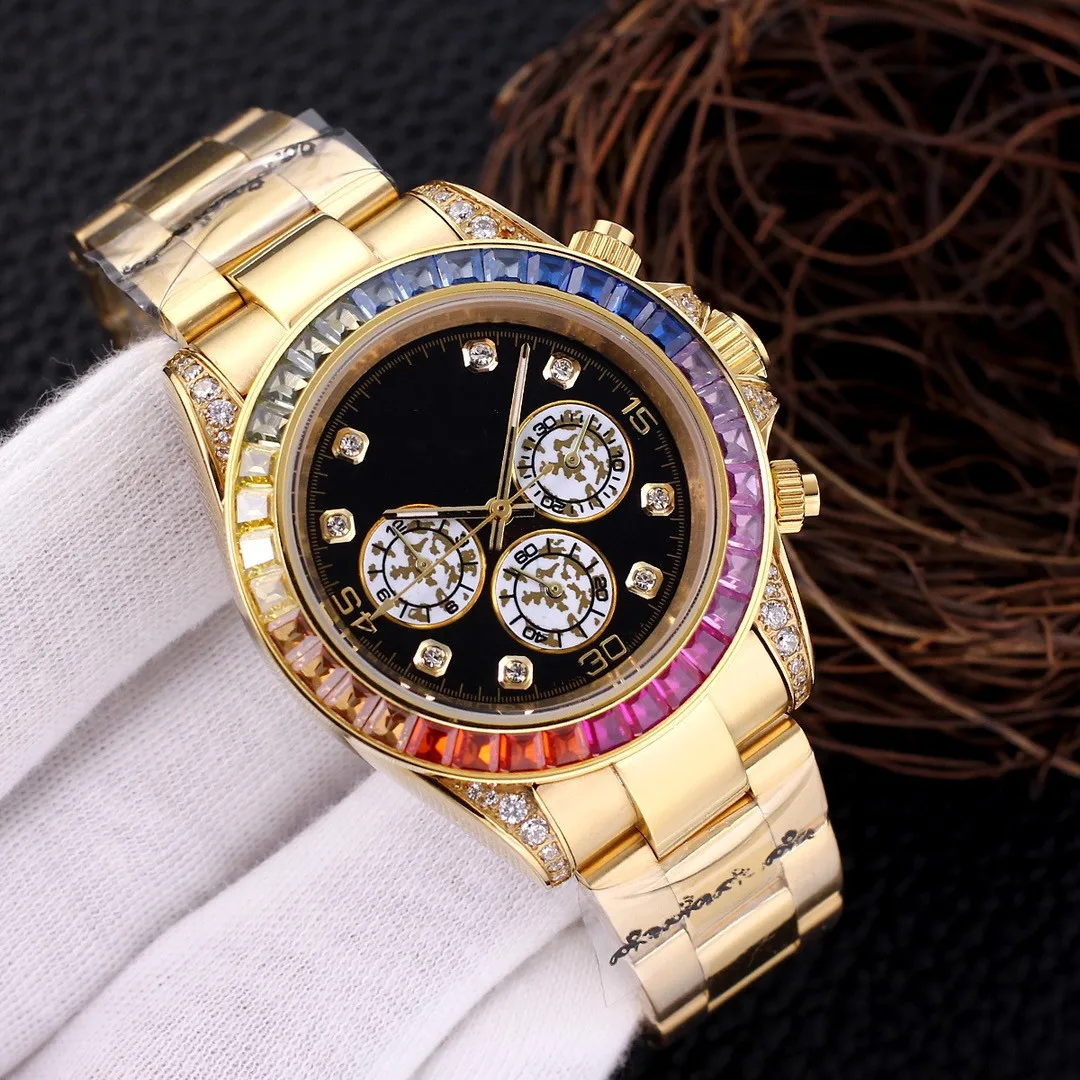 

Luxury Automatic Mechanical RAINBOW Diamond Bezel Men's Watches Sapphire Crystal Rose Gold Watch