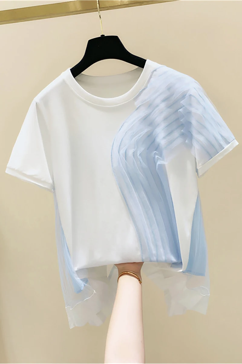 

Fashion Contrast Mesh Pleated Patchwork Short-Sleeved T-shirt Women Korean Loose Slim Top Casual Summer T Shirt Kawaii Clothes