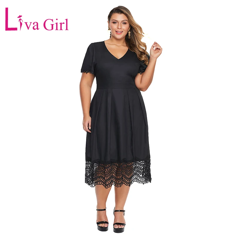 Женское плиссированное платье большого размера LIVA GIRL черное кружевное средней