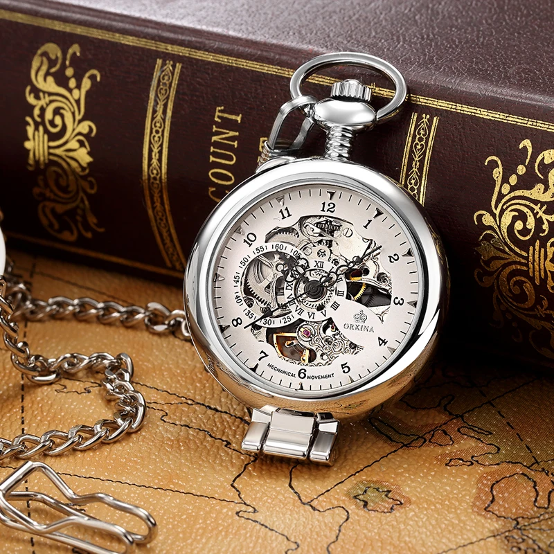 Gorben Golden Mechanical Pocket Watch Men Fashion Retro Casual Skeleton Dial Silver Hand Wind Male Fob Chain Watches