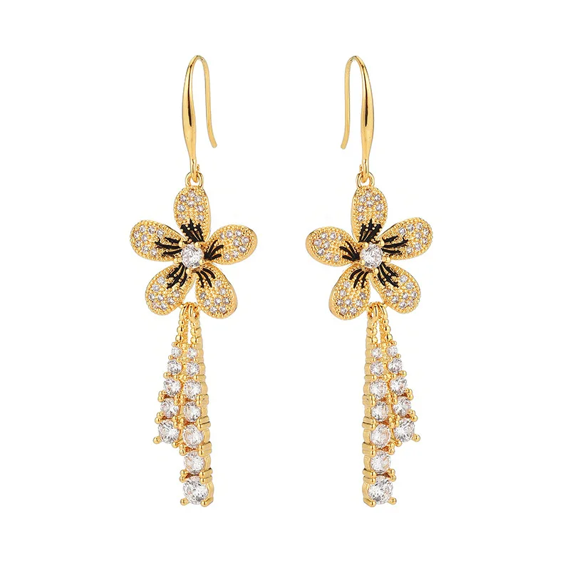 

серьги 2022 тренд новинка Flower Dangle Earrings for Women Gold-Plated Micro Pave Cubic Zirconia Statement Long Hook Earring