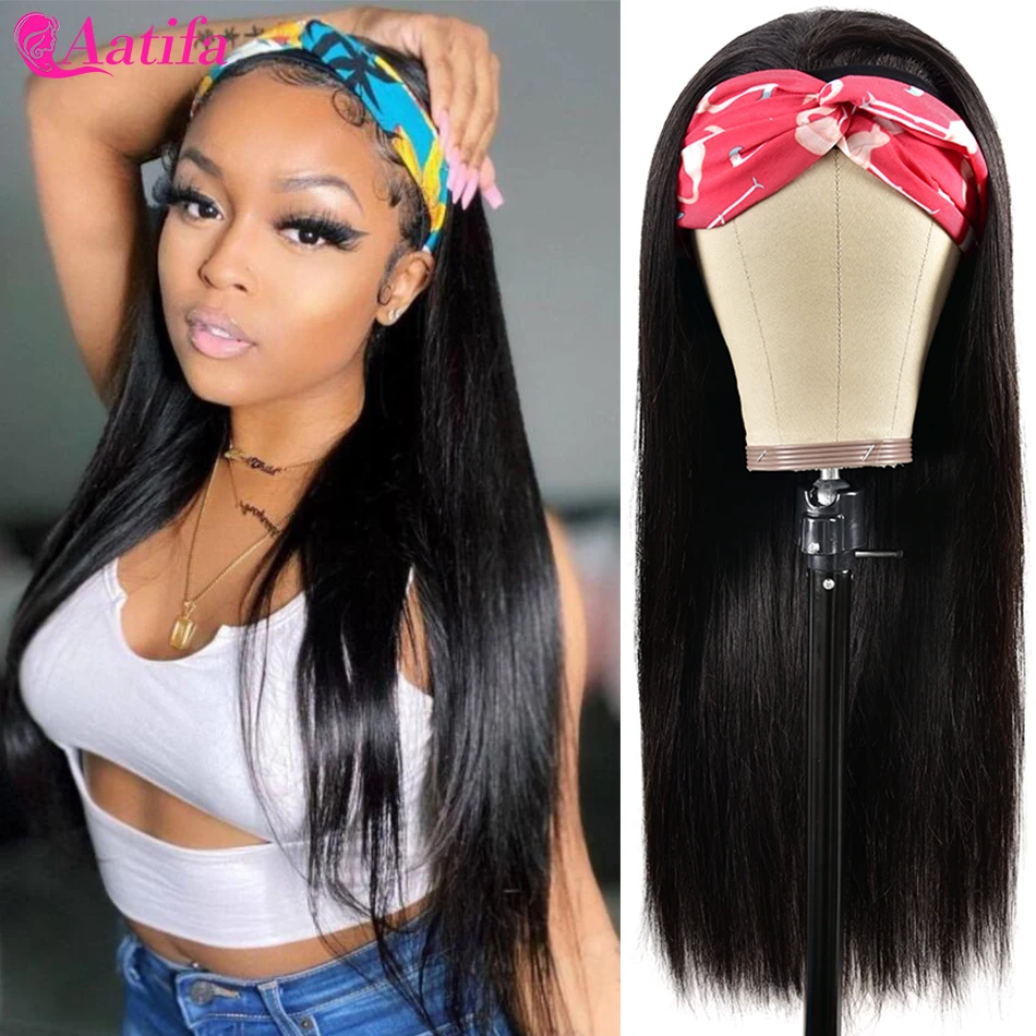 Прямой парик с головной повязкой 100% парики из натуральных волос бразильский