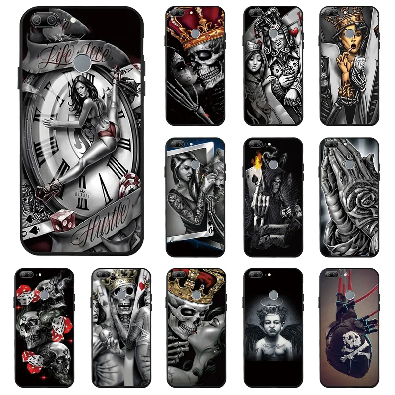 

Black Silicone Case For Honor 9X 9 Lite Case For Huawei Honor 9A 9i 2018 View 20 30 Pro V10 V9 Play Cover Fundas Skull Skeleton