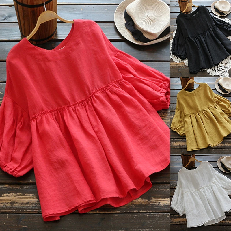 

Модная блузка с оборками, летняя Женская Туника 2022 ZANZEA, винтажные повседневные льняные топы, женские блузы 3/4 с рукавами-фонариками, плиссир...