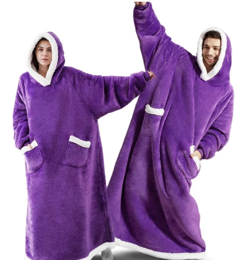 

Super Long Flannel Blanket with Sleeves Winter Hoodies Sweatshirt Women Men Pullover Fleece Lazy TV Blanket with Pocket 빅후드담요옷
