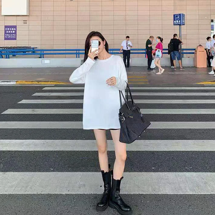 

Cotton 2021 Spring round Neck Solid Color Long-Sleeve T-shirt Rac