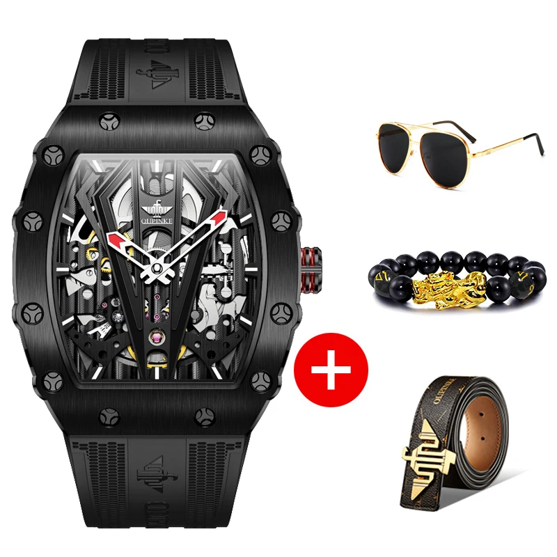 OUPINKE Mens Watches Luxury Brand Automatic Mechanical Wristwatch Fashion Skeleton Silicone Strap Sports Waterproof Watch Men