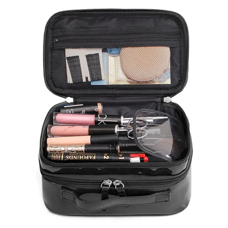 

Women PU makeup bag Black double layer Waterproof toilettry bag Travel organizer beautician case Portable cosmetic storage bags