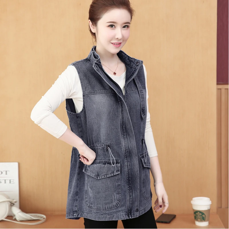 Жилет джинсовый размера плюс женский в стиле ретро потертый жилет без рукавов