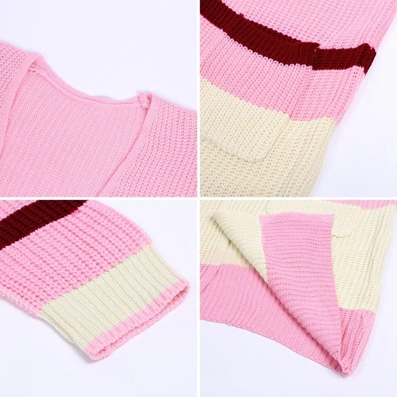 

Autumn Winter Women Loose Cardigan Casual Jacket Harajuku Color Matching Stripes Long-Sleeve Sweater