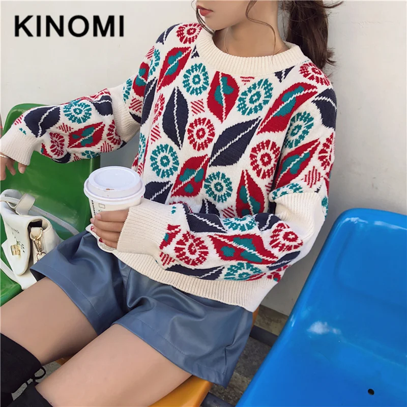 KINOMI Women's Pullover Sweaters Autumn Winter Vintage Leaf Printed O-Neck Long Sleeve Loose Sweater Top 2019 New Blue Christmas | Женская