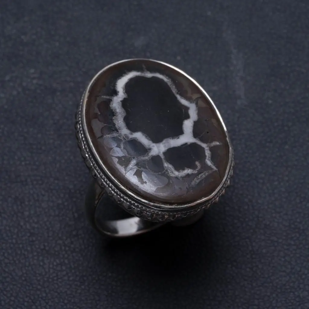 Натуральный септарский геод ручной работы уникальный 925 пробы Серебряное кольцо