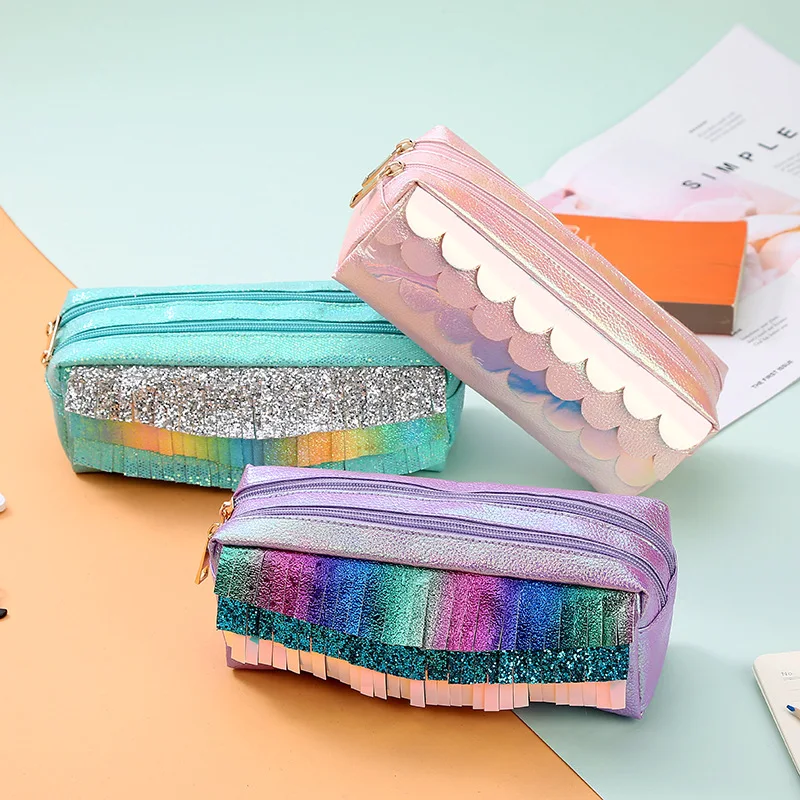 2019 Креатив кожзам сумка для большой Карандаш Чехол двойная молния блестки