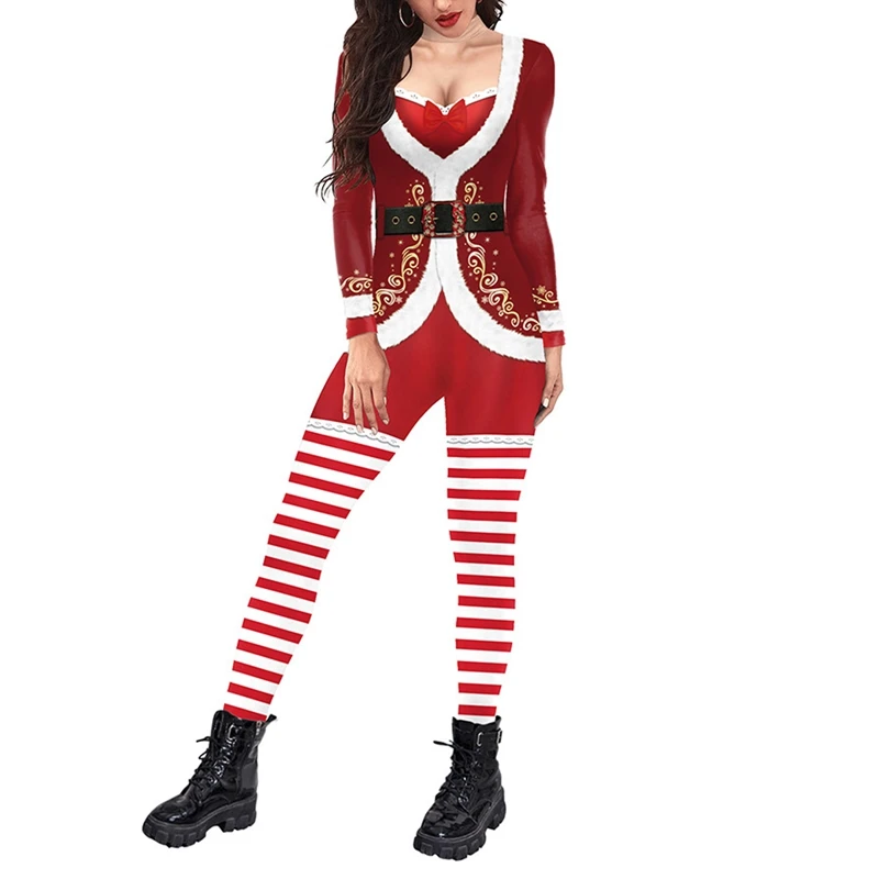 

Fashion Christmas Long-Sleeved Jumpsuit With Horizontal Stripes Print Realistic Skin Tone Holiday Creative Clothing Bodysuit