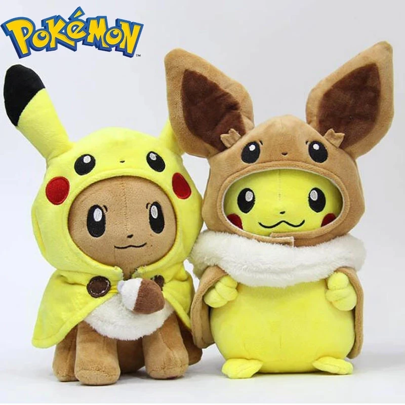 TAKARA TOMY-peluches de Pok&eacute;mon para ni&ntilde;os, mu&ntilde;ecos de peluche de Pikachu, Cosplay, Eevee, con capa, Pikachu, regalo-0