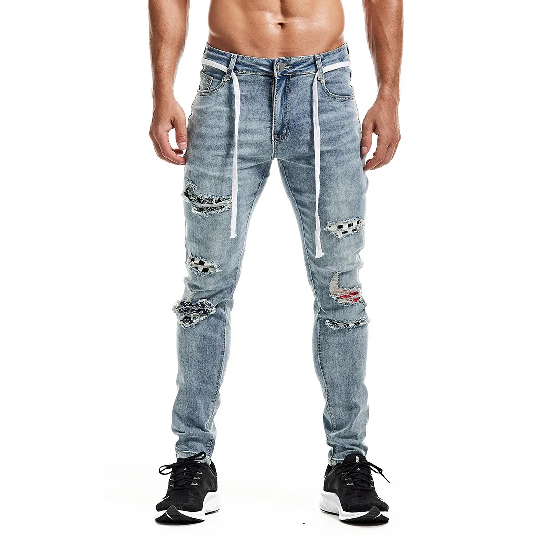 

Nice Pop Style Men Vogue Comfortable Jeans Ripped Hole Trend Black Slim Denim Men Tight Feet Pants