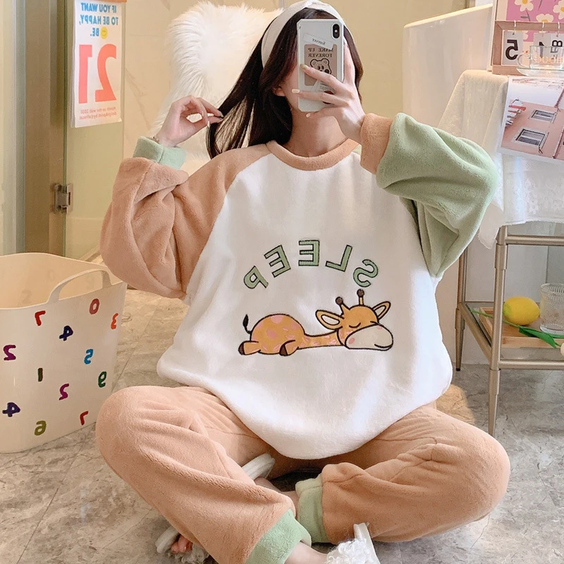 

MS Winter Warm Flannel Pyjamas Suit Stitch Cute pajamas Pj Sets for women nightwear Tops Pant Sleepwear Kawaii pijama feminino