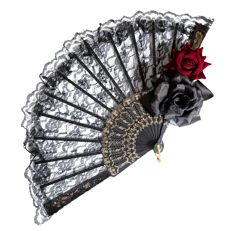 Lolita Fan Gothic Victorian Women Lace Hand Fan Vintage Black Red Rose Goth Fans Cosplay Party Halloween