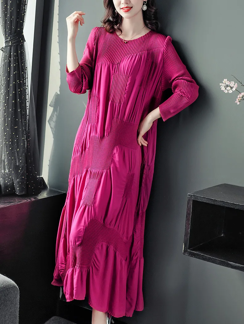 HOT SELLING Easing of o-neck fold solid fashion loose long sleeve dress IN STOCK